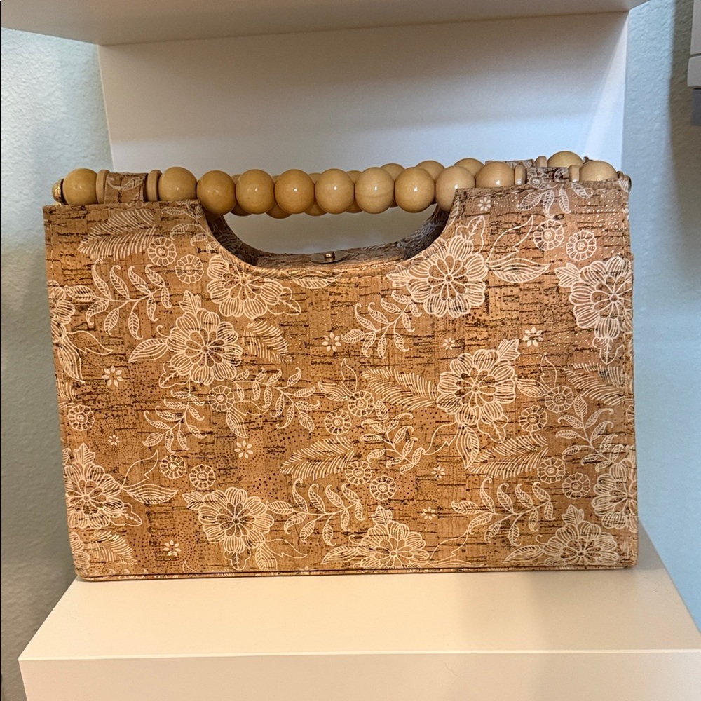 Haute Hippie Cork Floral Clutch with Beaded Handle - Natural & White